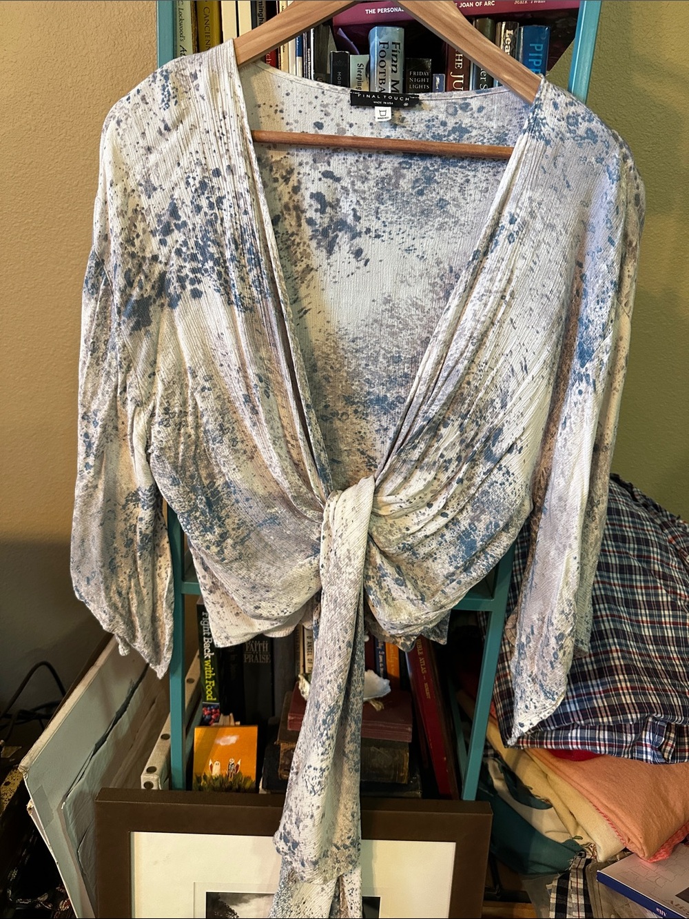 Final Touch Blue and Lilac Speckled Tie-Front Top